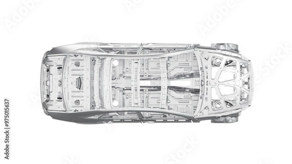 Obraz  a car chassis showcasing the intricate metal framework of a vehicle's body. This steel structure, often referred to as "body in white," forms the foundation for automotive assembly and design, emphas