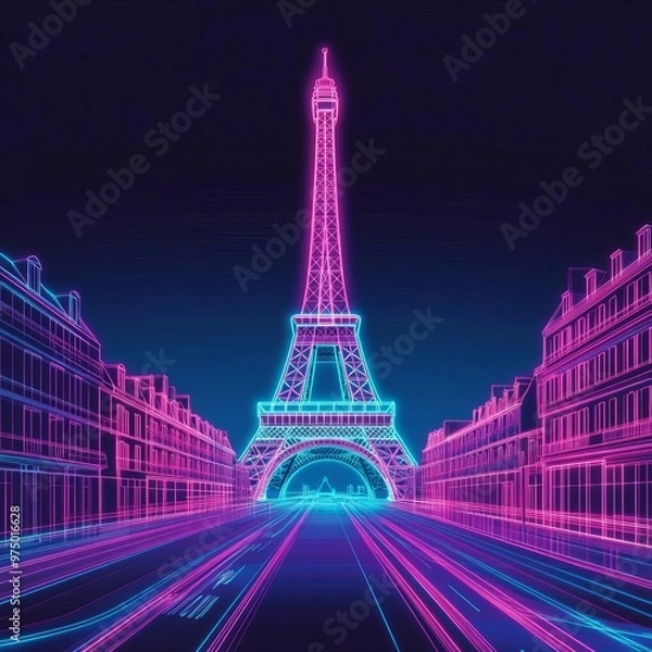 Fototapeta Virtual Eiffel Tower, holographic cityscape, augmented reality Paris, night glow