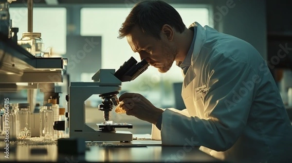 Obraz A scientist in a lab coat analyzing samples under a microscope in a modern laboratory, copy space
