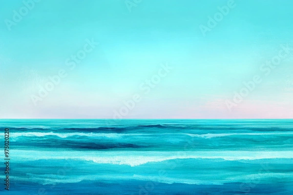 Obraz A coastal scene with a gradient background where the sky blends from a bright turquoise near the horizon to a deep indigo higher up. The ocean mirrors the gradient, with gentle waves transitioning