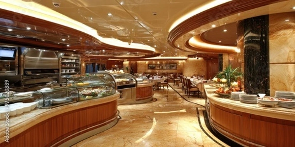 Fototapeta A modern, luxurious buffet restaurant with a polished marble floor and wooden accents. The buffet features a variety of dishes and desserts.