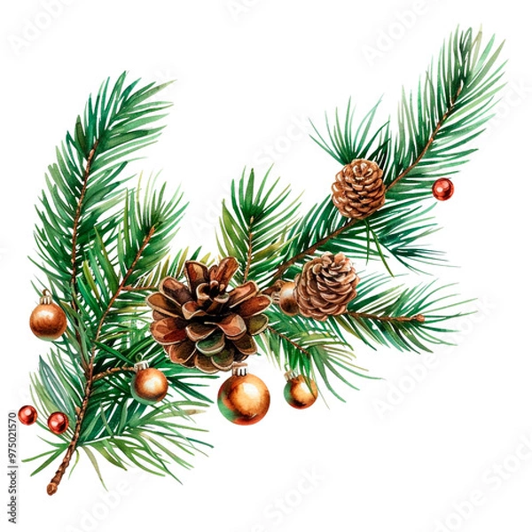 Obraz New Year branch with cones and Christmas tree toys on transparent background. New Year, Christmas tree, pine tree, tree branch, winter, holiday decor