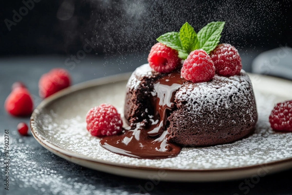 Obraz A detailed shot of a luxurious chocolate lava cake, focusing on the molten chocolate center as it oozes out. The cake is garnished with fresh raspberries, a sprig of mint, and a light dusting of