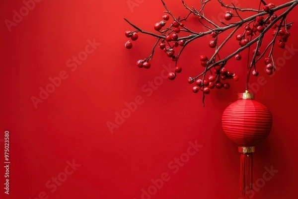 Fototapeta Red Lantern Hanging on Branch with Red Berries, Minimalist Chinese New Year Decoration