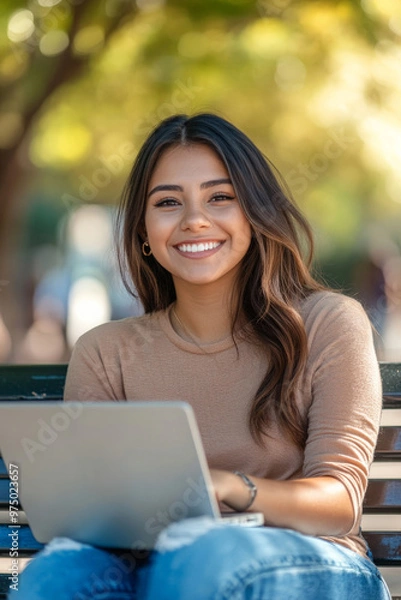 Obraz A joyful young Hispanic female college student e-learning on her laptop at campus, sitting on a bench and smiling warmly at the camera.