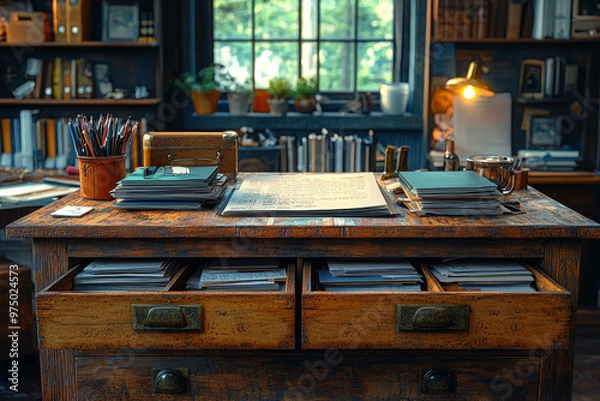 Fototapeta An office desk with an endless drawer, where papers and files keep appearing, showcasing the overwhelming amount of work in business. Concept of workload.