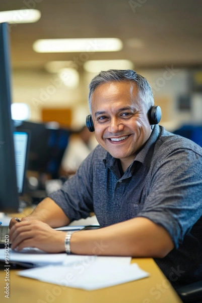 Fototapeta A senior Hispanic male call center agent with a warm smile, taking notes while working on his computer, in a well-lit and organized office..jpg