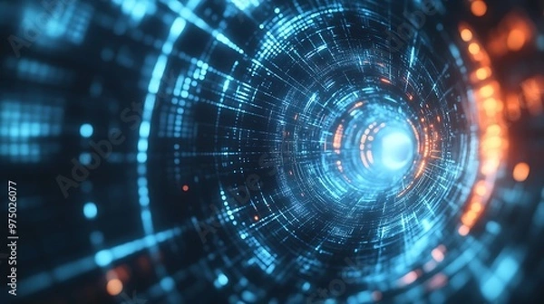 Obraz Abstract digital tunnel with precise geometric lines and glowing accents, evoking a cyber-tech environment. The sharpness emphasizes speed and progression