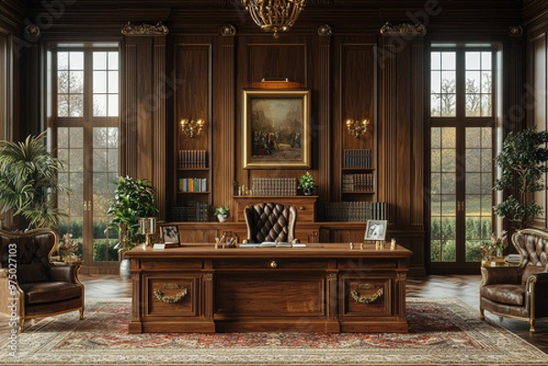 Fototapeta A home office styled as a royal council chamber, with large wooden desk and regal furnishings, representing professional authority. Concept of work.