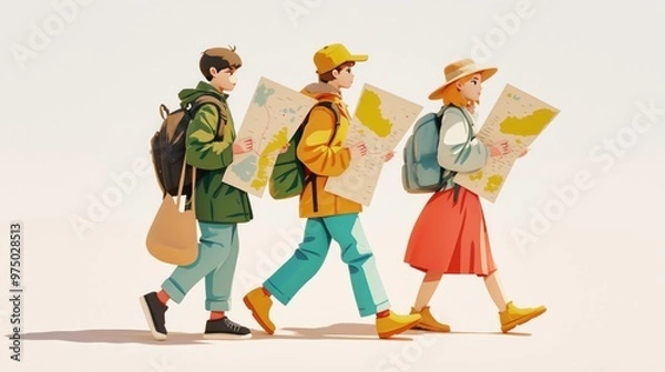 Fototapeta Three people carrying a map, digital illustration, conveying the concept of travel, capturing the natural environment conveying the adventurous spirit for future adventures