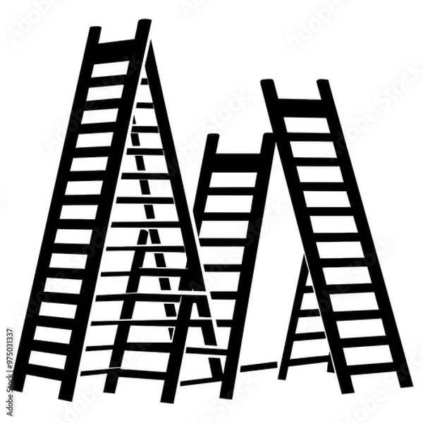 Fototapeta Silhouetted ladders stand in various positions creating a striking visual contrast against the empty background emphasizing their lines and structure
