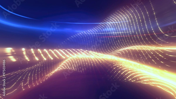 Fototapeta Yellow orange glowing energy waves from small particles and lines abstract background