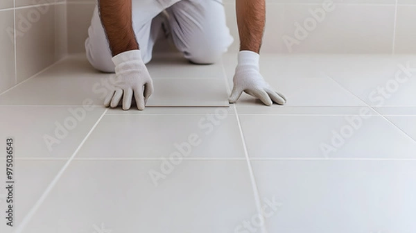 Fototapeta Professional Tile Worker Laying Ceramic Tiles | Skilled Tiling and Precision in Flooring Installation