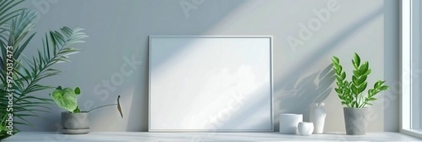 Fototapeta Blank Picture Frame Mockup with Plants and White Candles in Minimalist Interior