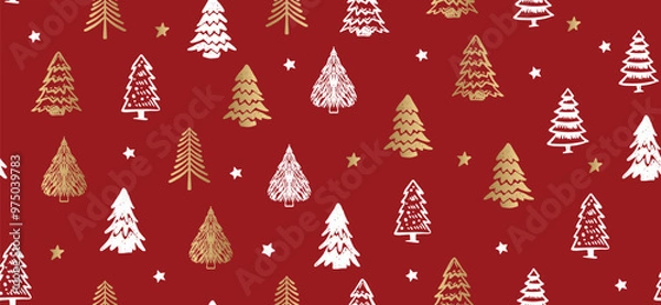 Fototapeta Christmas tree pattern on red background, Hand drawn illustrations.	