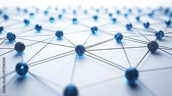 Fototapeta   A set of blue spheres linked together on a white background with lines and spots surrounding them in the picture