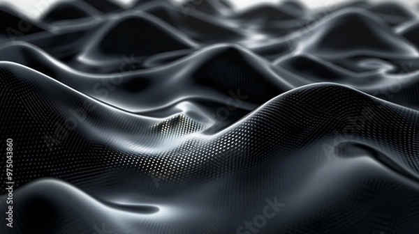 Obraz Abstract black and white wave pattern, flowing motion background texture. 3D digital render, minimalist geometric design, tech wallpaper