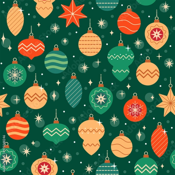 Obraz Christmas seamless pattern of different hanging vintage Christmas tree ornaments in red, gold and green colors for wrapping paper, packaging, fabric design.