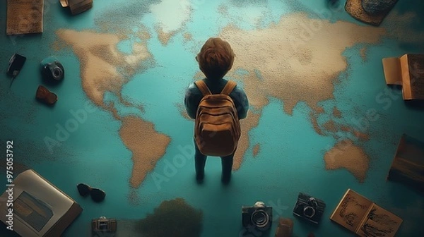 Fototapeta Child on floating book in map ocean surrounded by photography equipment, symbolizing adventure and d