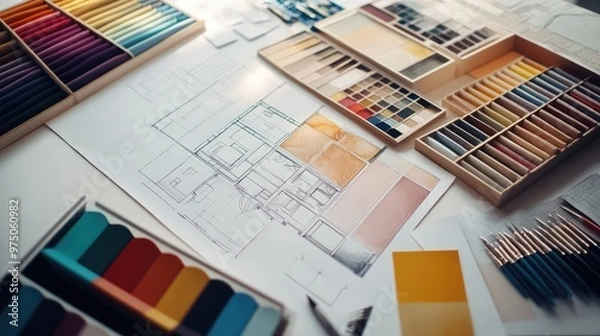 Fototapeta Interior Designer's Working Table with Plans and Samples. AI generated illustration.