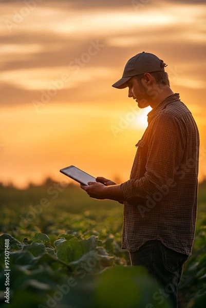 Fototapeta Tecnologia na campo. Produtor rural usando tablet na lavoura