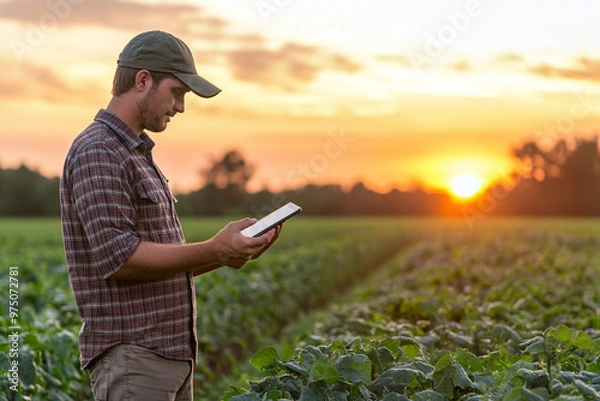 Obraz Tecnologia na campo. Produtor rural usando tablet na lavoura