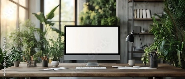 Fototapeta A modern office with a large monitor displaying a blank web design template