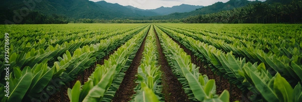 Fototapeta Banana Tree Field with Rows of Banana Trees | Tropical Agriculture and Fruit Farming