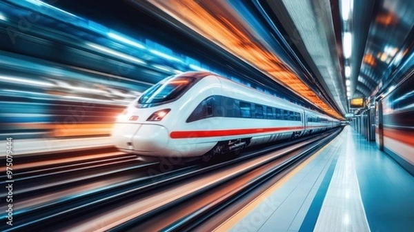 Fototapeta A high-speed train races through a tunnel, leaving a blur of motion and light behind.