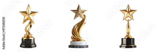 Fototapeta Collection of golden star trophies with unique designs for excellence awards isolated on transparent background