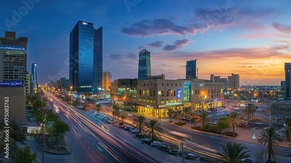 Fototapeta KAFD Buildings in Riyadh at Blue Hour. AI generated illustration