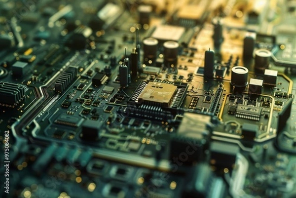 Obraz An artistic close-up of integrated circuit chips and electronic components, bathed in golden light, symbolizing technological advancement and intricacy.