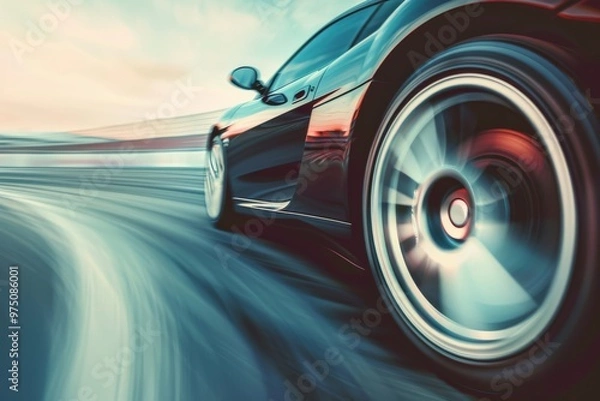 Fototapeta A sleek sports car speeds along a track, the wheel motion blurred to convey high velocity and excitement.