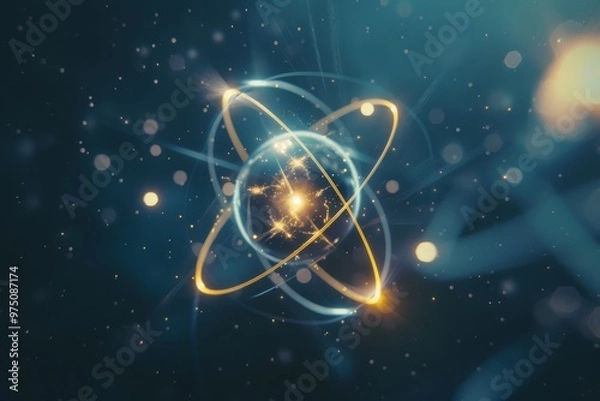 Fototapeta A glowing, futuristic representation of an atom with orbiting electrons against a backdrop of shimmering light particles, symbolizing scientific discovery and innovation.