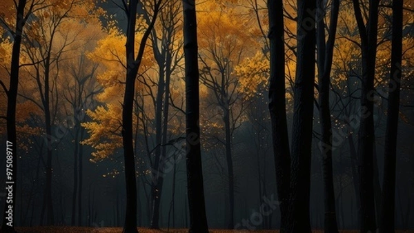 Fototapeta Golden Autumn Landscape on Black Matte Background