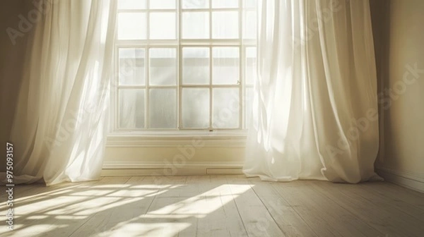 Fototapeta Backlit Window with White Curtains. AI generated illustration