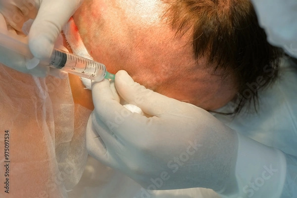 Fototapeta Surgeon in latex gloves making injection of local anesthesia into head of bald patient during hair transplantation procedure. Problem of baldness, treatment of alopecia by hair transplantation.