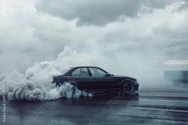 Obraz A car performs a dramatic burnout, with tires spinning and thick smoke billowing, set against a moody, overcast sky on a deserted track.