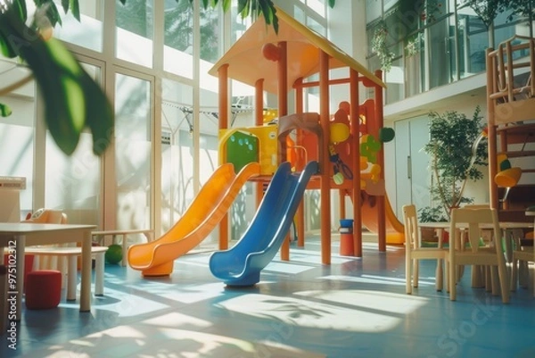 Obraz An inviting indoor playground with vibrant slides, climbing structures, and sunlight streaming through large windows.