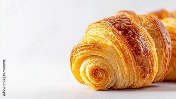 Fototapeta   A stack of croissants on a white table next to one another