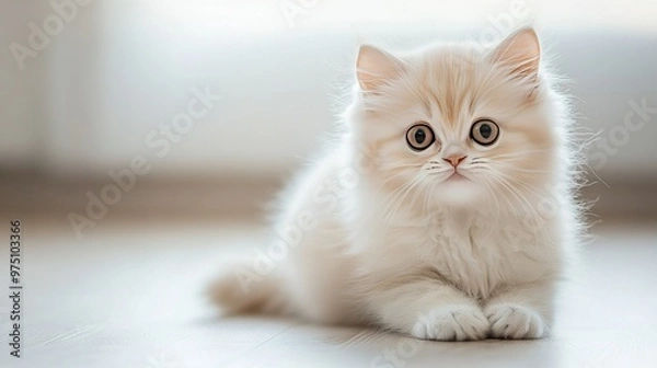 Fototapeta   A white kitten gazes at the camera with a mournful expression on its face and drooping eyes while seated on the floor