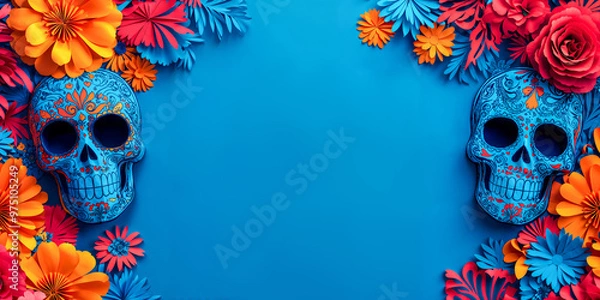 Fototapeta Day of the Dead cut paper sugar skulls calacas on blue background with copyspace, wide banner, empty space