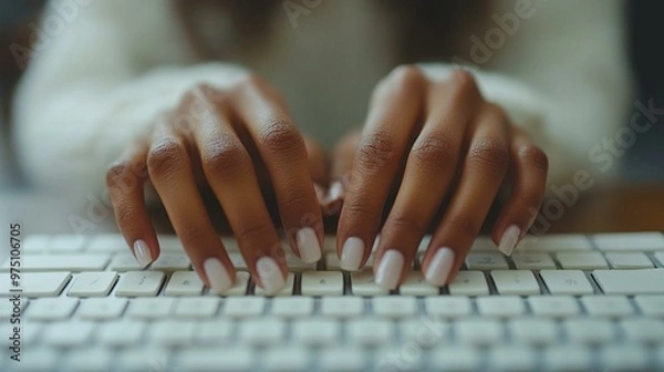Fototapeta a Close-up of female hands typing on a keyboard.