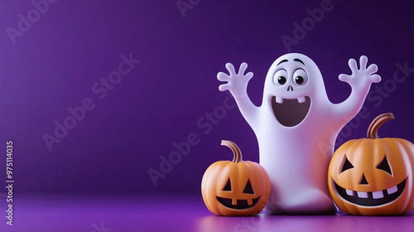 Fototapeta Playful ghost celebrating Halloween with pumpkins on purple background