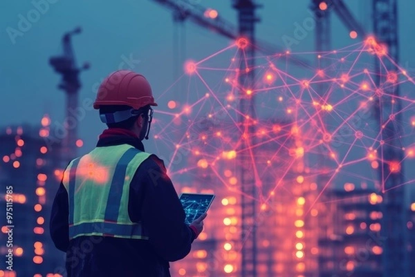 Fototapeta Construction worker with ipad in front of holographic network display amidst building cranes