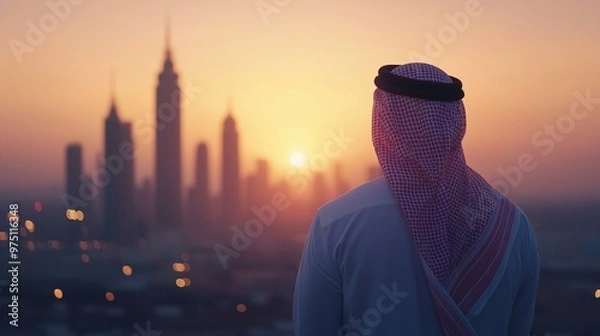 Obraz Saudi man looking to skylines back view 