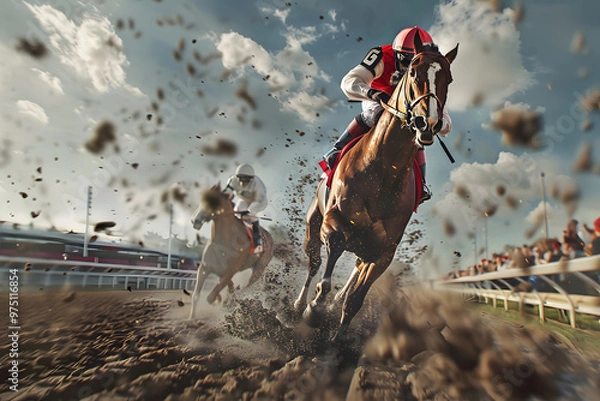 Fototapeta A dynamic scene of a jockey, dressed in red and black, racing fiercely on a horse, with dirt flying in the air at a thrilling horse race.