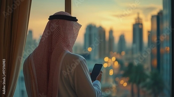Obraz Saudi arab man using mobile skylines in the background , back view 
