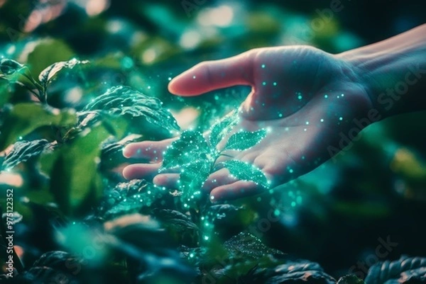 Obraz A hand interacts with plants, illustrating the synergy of technology and nature for sustainability.
