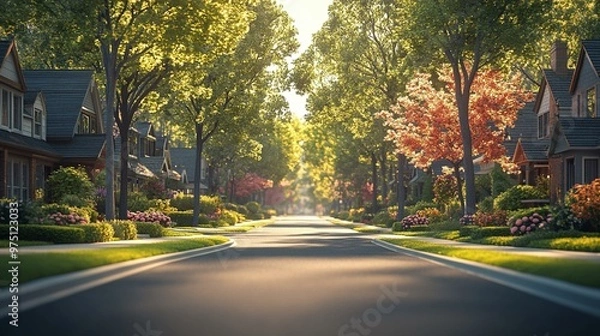 Fototapeta an Charming street of residential houses with a peaceful, suburban vibe, showcasing neighborhood life and architecture.